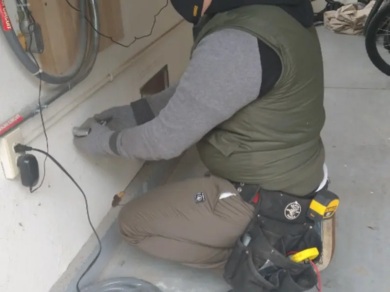 Electrician performing outlet wiring in a Johnsburg garage
